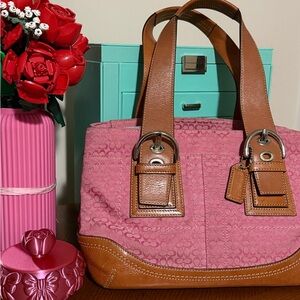 Coach Soho Pleated Signature Satchel F10927 Pink & Tan